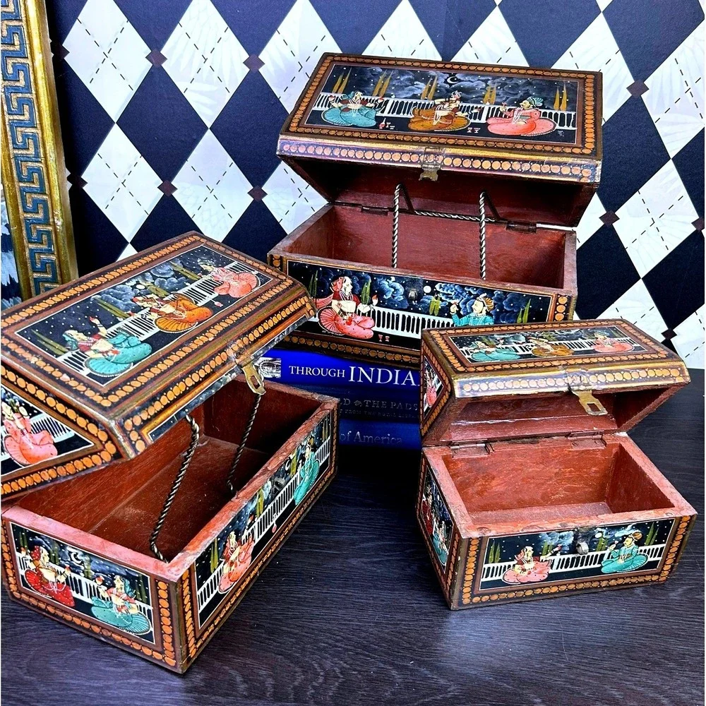 Vintage Indian Hand Painted Nesting Wooden Box Set of 3 Folk Art Storage Chests